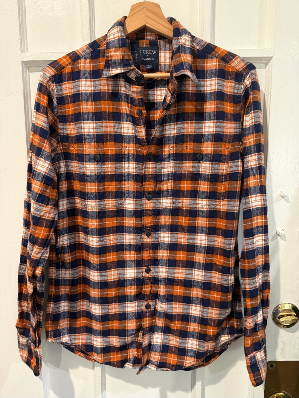 J. Crew Orange, Navy & White Plaid Flannel Button-Down Shirt